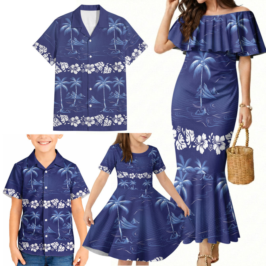 Blue Hawaii Palm Tree Hibiscus Family Matching Mermaid Dress and Hawaiian Shirt Fantasy Summer Vibe LT01 - Polynesian Pride
