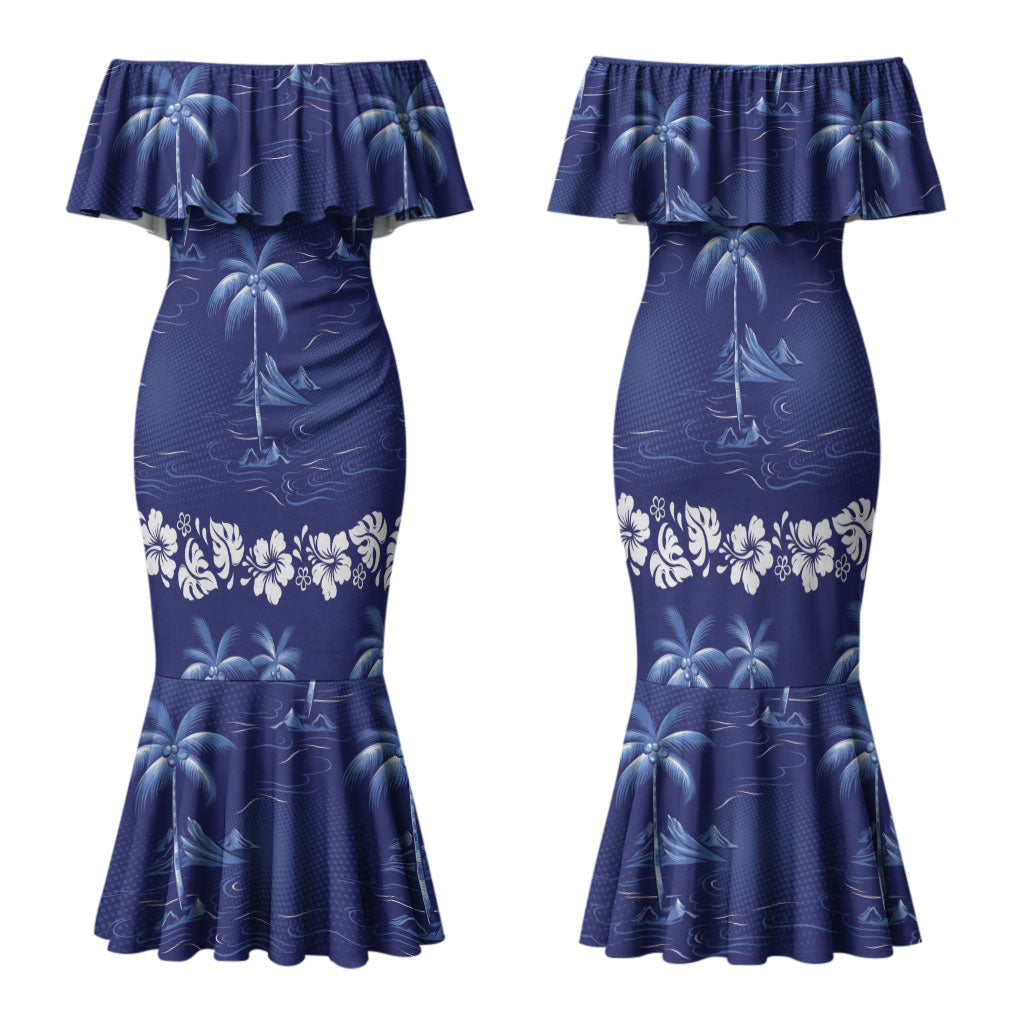 Blue Hawaii Palm Tree Hibiscus Family Matching Mermaid Dress and Hawaiian Shirt Fantasy Summer Vibe LT01 Mom's Dress Blue - Polynesian Pride