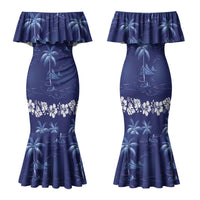 Blue Hawaii Palm Tree Hibiscus Family Matching Mermaid Dress and Hawaiian Shirt Fantasy Summer Vibe LT01 Mom's Dress Blue - Polynesian Pride