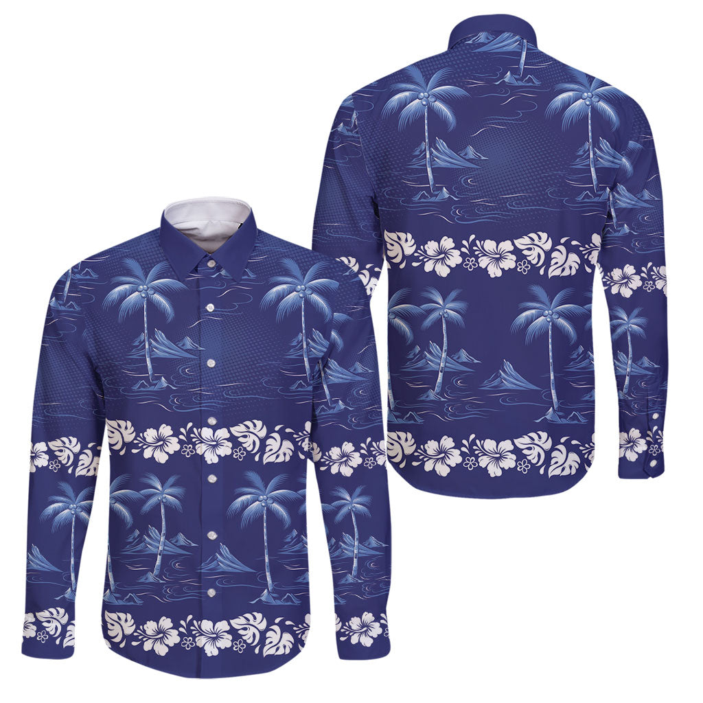 Blue Hawaii Palm Tree Hibiscus Family Matching Mermaid Dress and Hawaiian Shirt Fantasy Summer Vibe LT01 Dad's Shirt - Long Sleeve Blue - Polynesian Pride