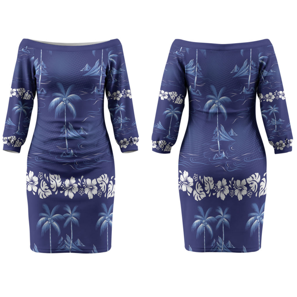Blue Hawaii Palm Tree Hibiscus Family Matching Off The Shoulder Long Sleeve Dress and Hawaiian Shirt Fantasy Summer Vibe LT01 Mom's Dress Blue - Polynesian Pride