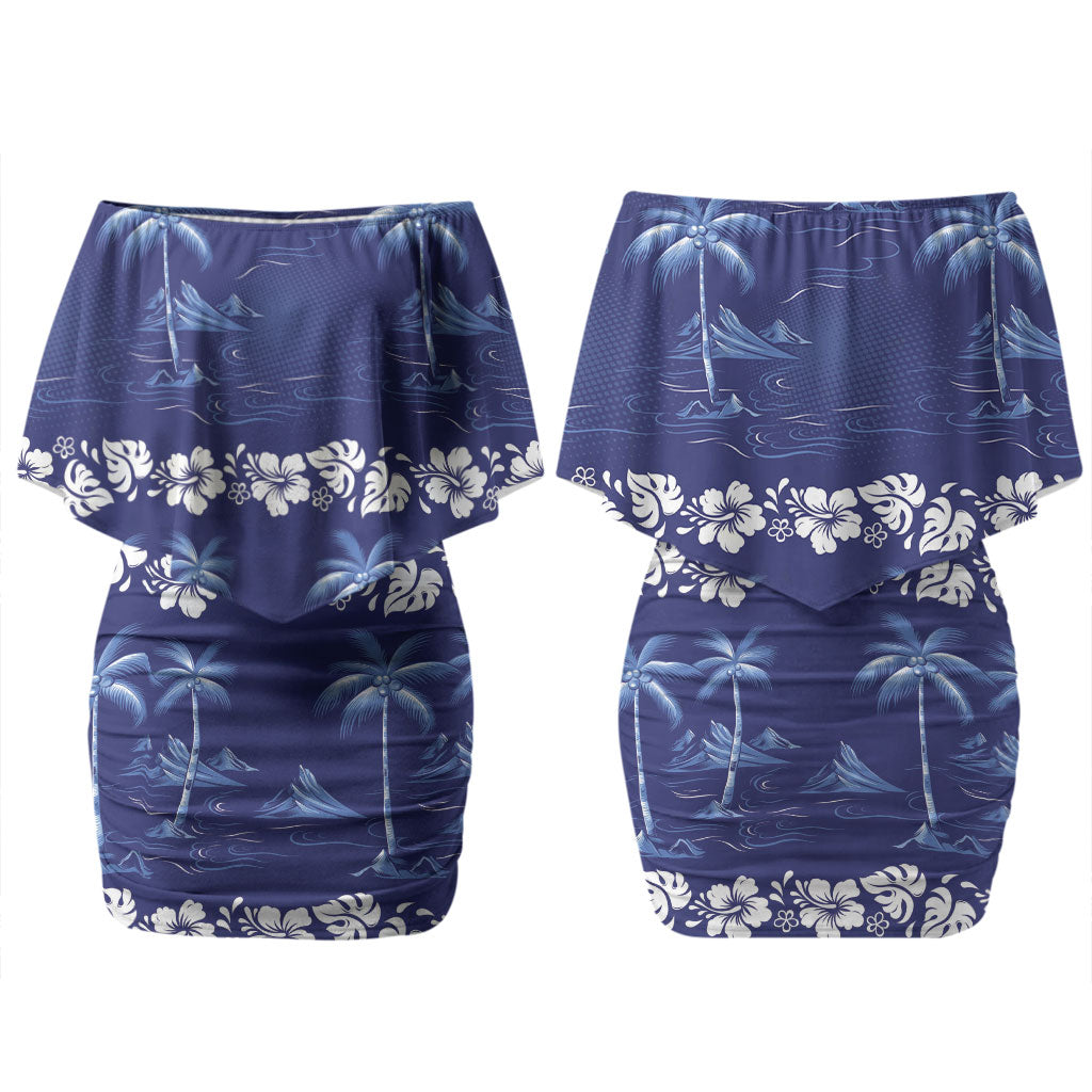 Blue Hawaii Palm Tree Hibiscus Family Matching Off Shoulder Short Dress and Hawaiian Shirt Fantasy Summer Vibe LT01 Mom's Dress Blue - Polynesian Pride