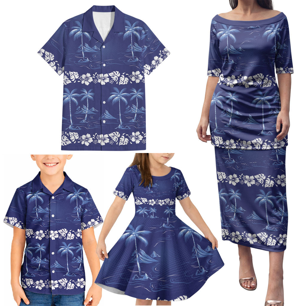 Blue Hawaii Palm Tree Hibiscus Family Matching Puletasi and Hawaiian Shirt Fantasy Summer Vibe
