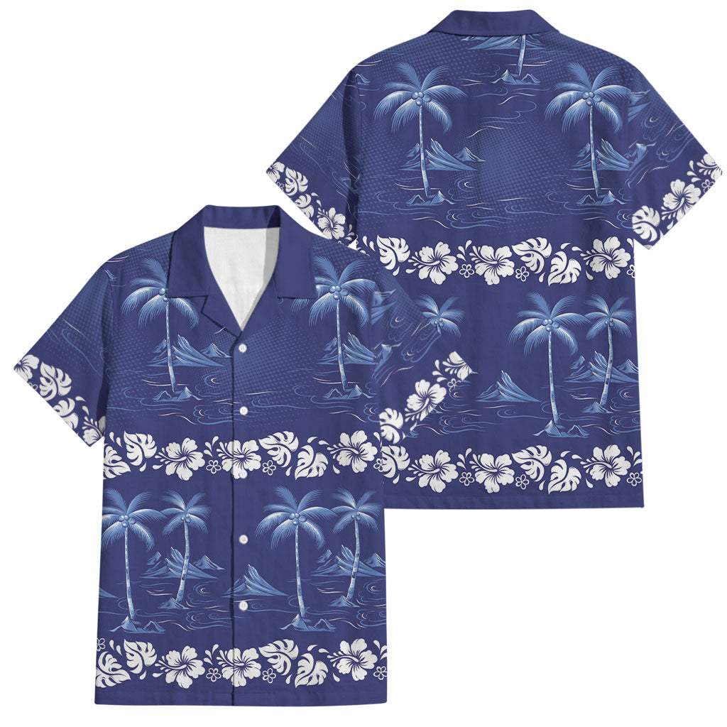 Blue Hawaii Palm Tree Hibiscus Family Matching Puletasi and Hawaiian Shirt Fantasy Summer Vibe LT01 Dad's Shirt - Short Sleeve Blue - Polynesian Pride