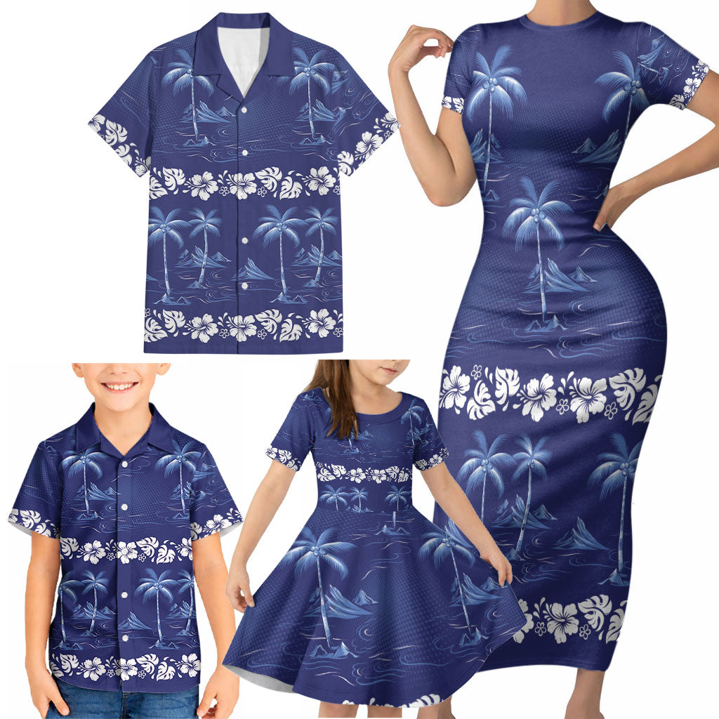 Blue Hawaii Palm Tree Hibiscus Family Matching Short Sleeve Bodycon Dress and Hawaiian Shirt Fantasy Summer Vibe LT01 - Polynesian Pride