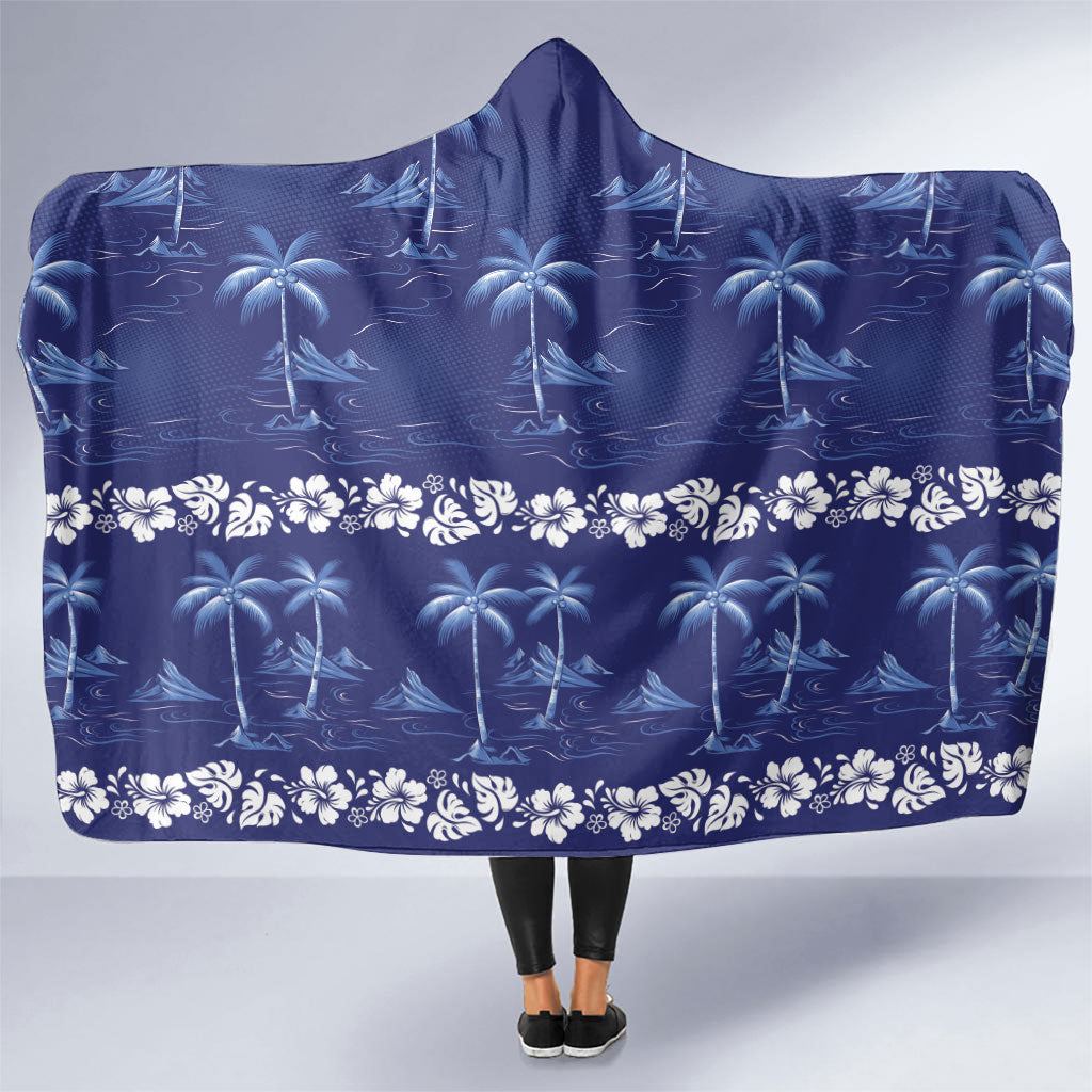 Blue Hawaii Palm Tree Hibiscus Hooded Blanket Fantasy Summer Vibe