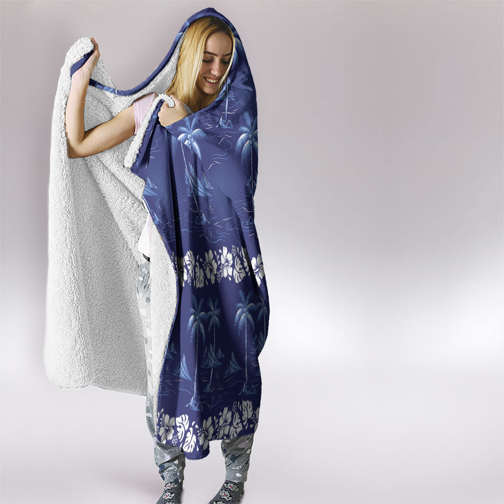 Blue Hawaii Palm Tree Hibiscus Hooded Blanket Fantasy Summer Vibe