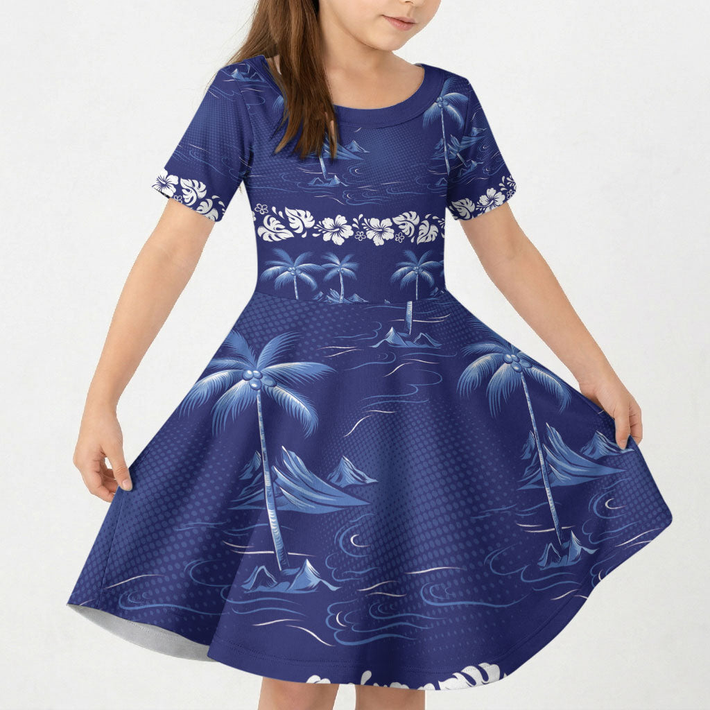 Blue Hawaii Palm Tree Hibiscus Kid Short Sleeve Dress Fantasy Summer Vibe