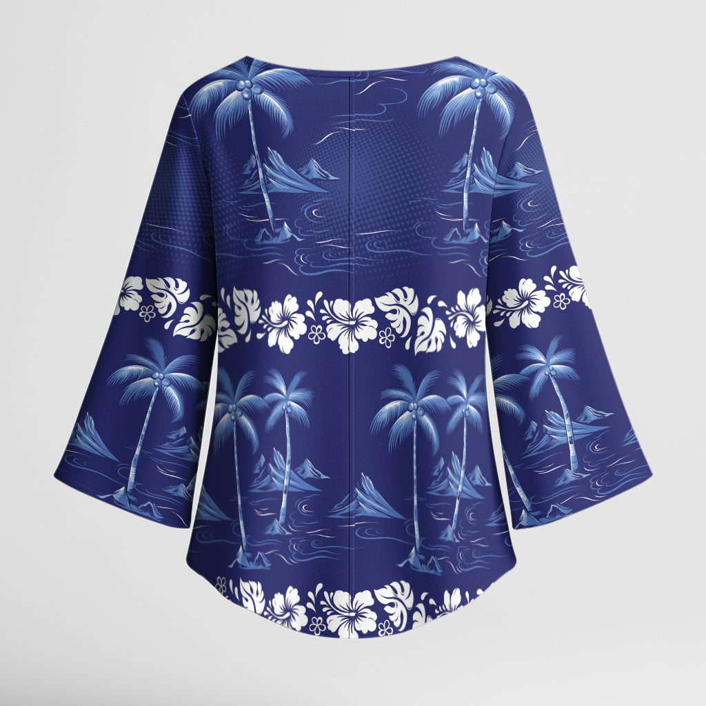 Blue Hawaii Palm Tree Hibiscus Kimono Sleeve Blouse Fantasy Summer Vibe LT01 - Polynesian Pride