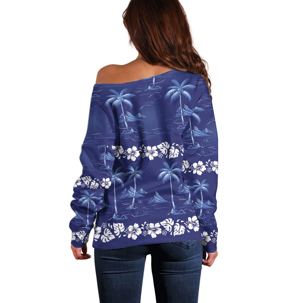 Blue Hawaii Palm Tree Hibiscus Off Shoulder Sweater Fantasy Summer Vibe