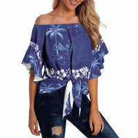 Blue Hawaii Palm Tree Hibiscus Off Shoulder Wrap Waist Top Fantasy Summer Vibe