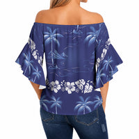 Blue Hawaii Palm Tree Hibiscus Off Shoulder Wrap Waist Top Fantasy Summer Vibe