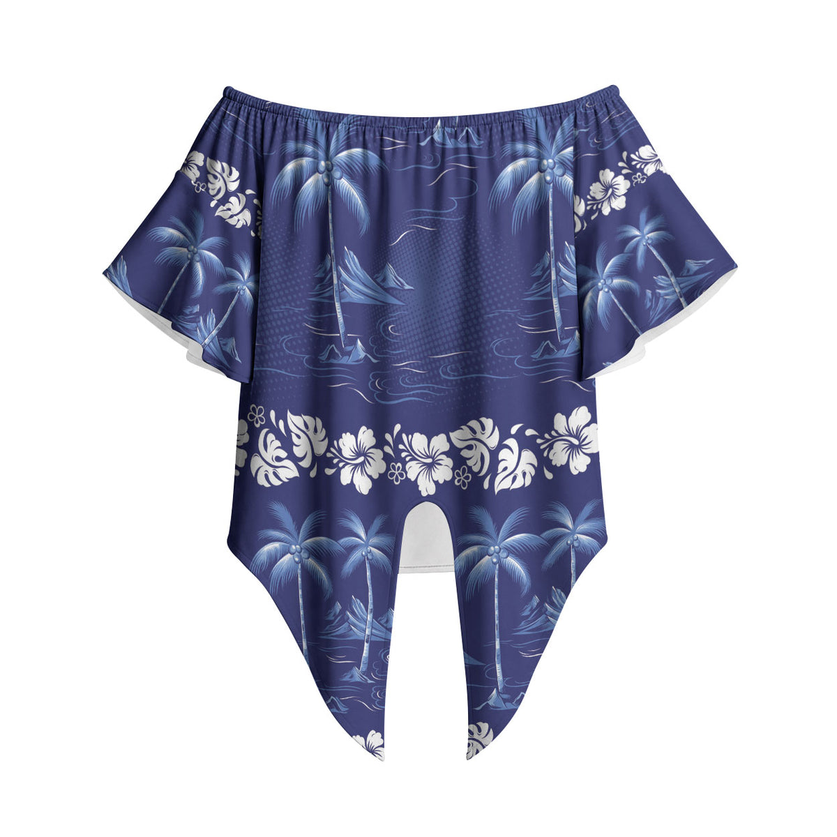 Blue Hawaii Palm Tree Hibiscus Off Shoulder Wrap Waist Top Fantasy Summer Vibe