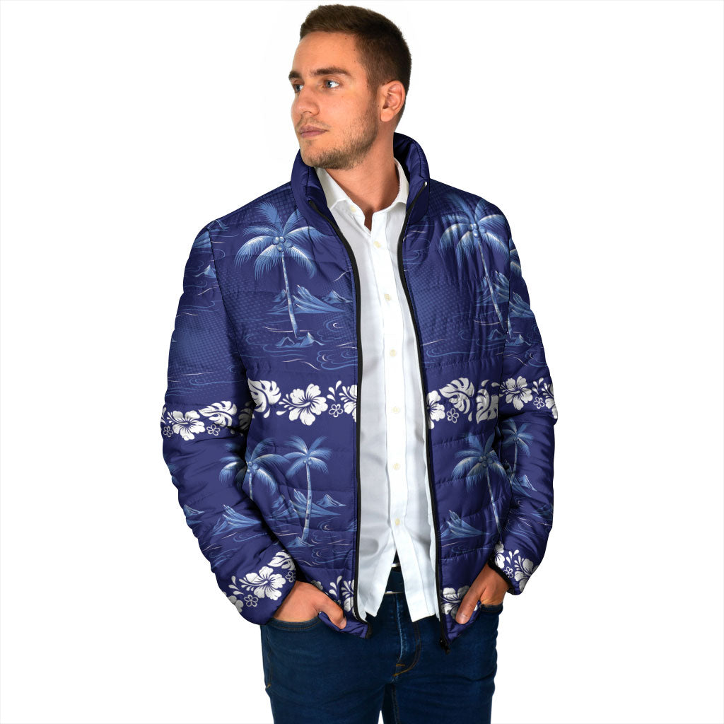 Blue Hawaii Palm Tree Hibiscus Padded Jacket Fantasy Summer Vibe