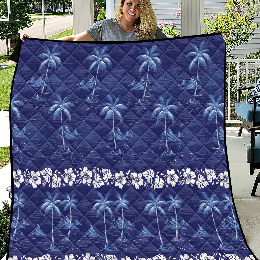 Blue Hawaii Palm Tree Hibiscus Quilt Fantasy Summer Vibe
