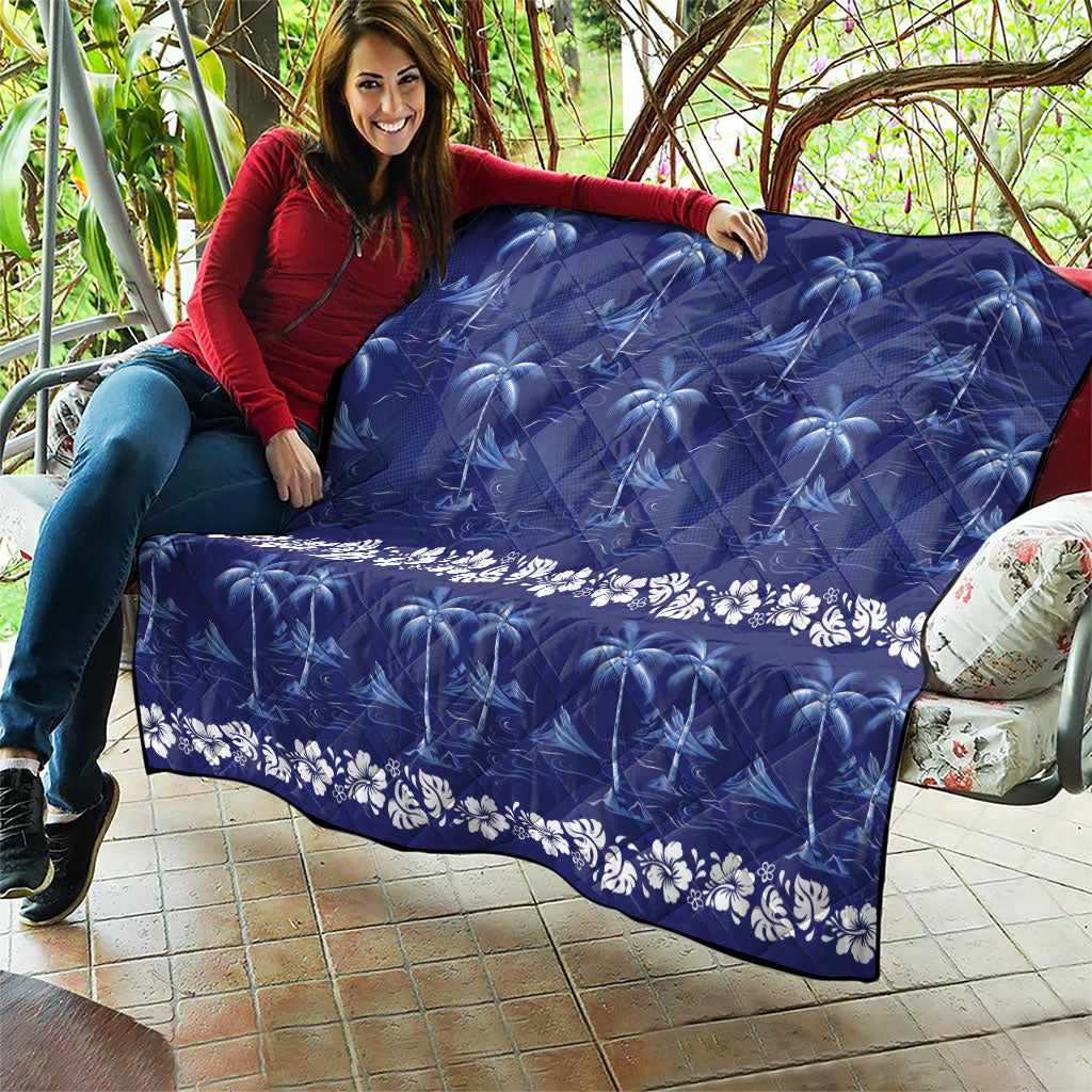 Blue Hawaii Palm Tree Hibiscus Quilt Fantasy Summer Vibe