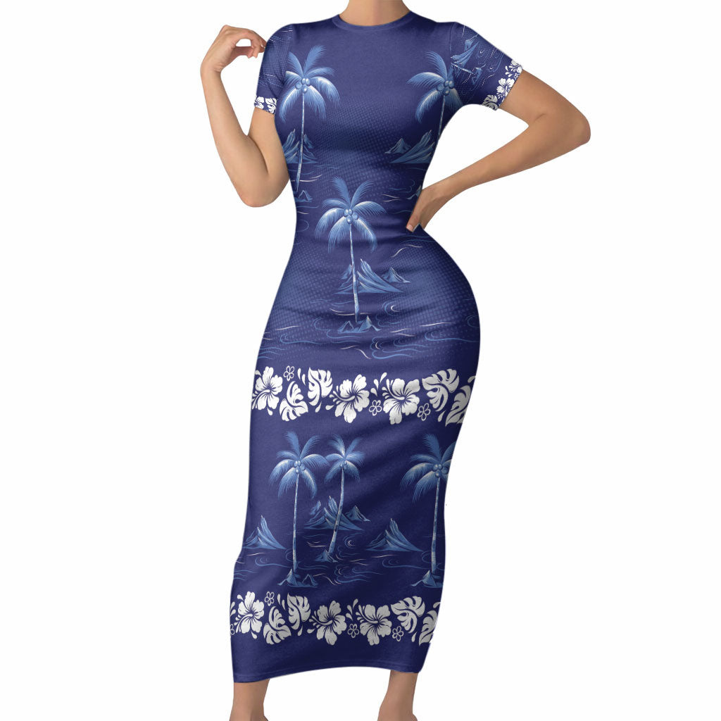 Blue Hawaii Palm Tree Hibiscus Short Sleeve Bodycon Dress Fantasy Summer Vibe