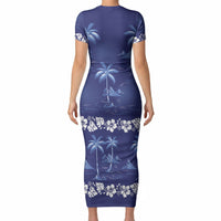 Blue Hawaii Palm Tree Hibiscus Short Sleeve Bodycon Dress Fantasy Summer Vibe