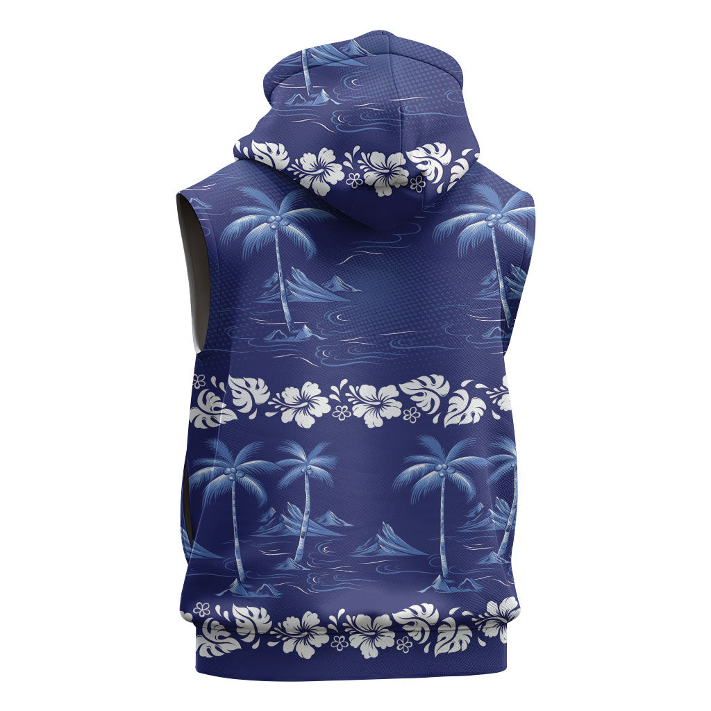 Blue Hawaii Palm Tree Hibiscus Sleeveless Hoodie Fantasy Summer Vibe