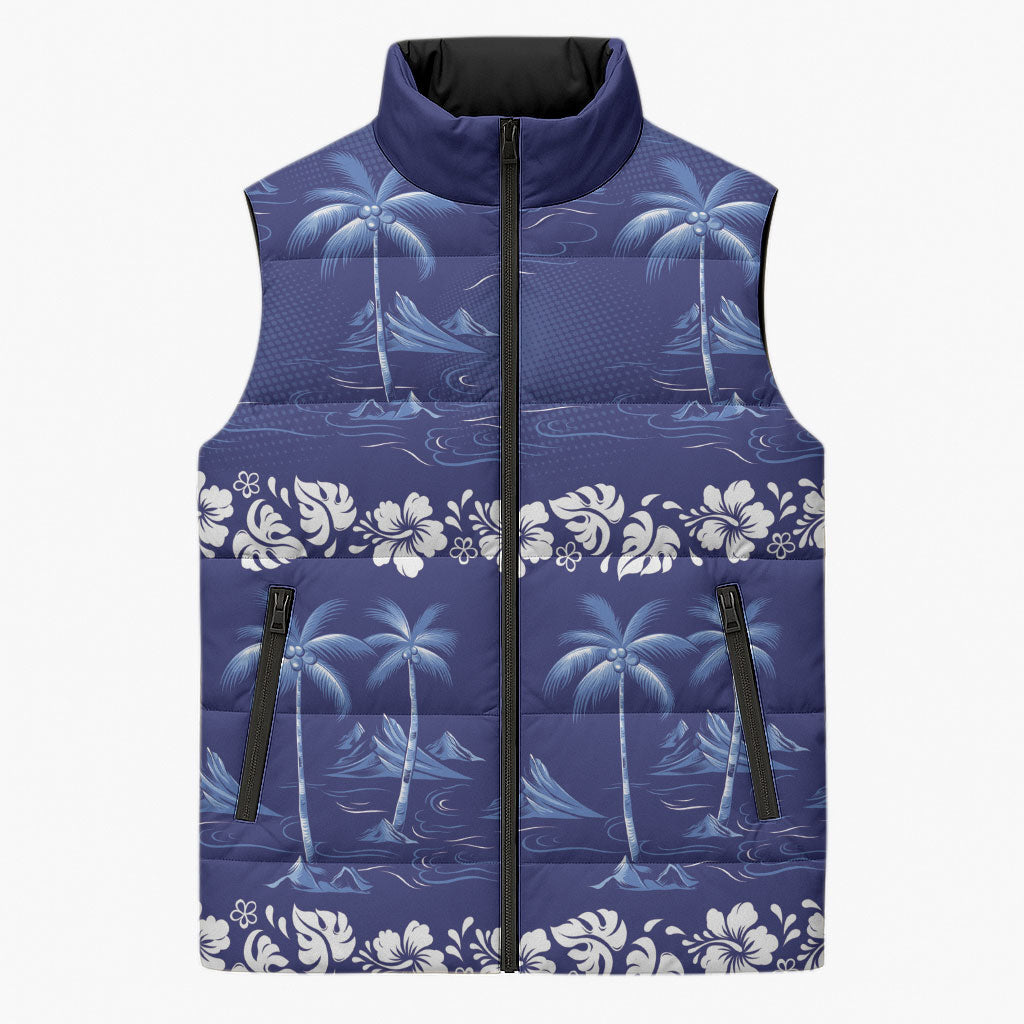 Blue Hawaii Palm Tree Hibiscus Sleeveless Puffer Jacket Fantasy Summer Vibe