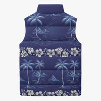 Blue Hawaii Palm Tree Hibiscus Sleeveless Puffer Jacket Fantasy Summer Vibe
