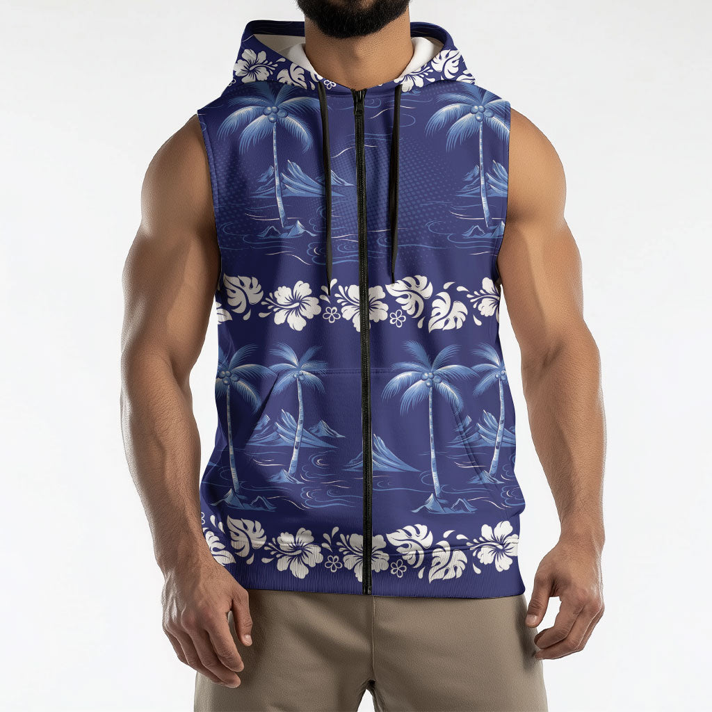 Blue Hawaii Palm Tree Hibiscus Sleeveless Zip Hoodie Fantasy Summer Vibe LT01 - Polynesian Pride