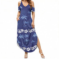 Blue Hawaii Palm Tree Hibiscus Summer Maxi Dress Fantasy Summer Vibe LT01 Women Blue - Polynesian Pride