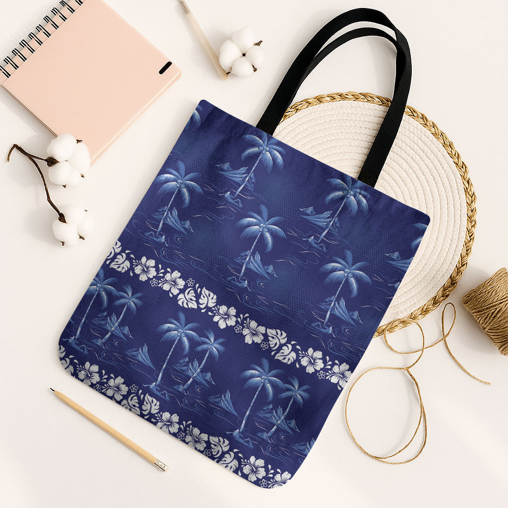 Blue Hawaii Palm Tree Hibiscus Tote Bag Fantasy Summer Vibe