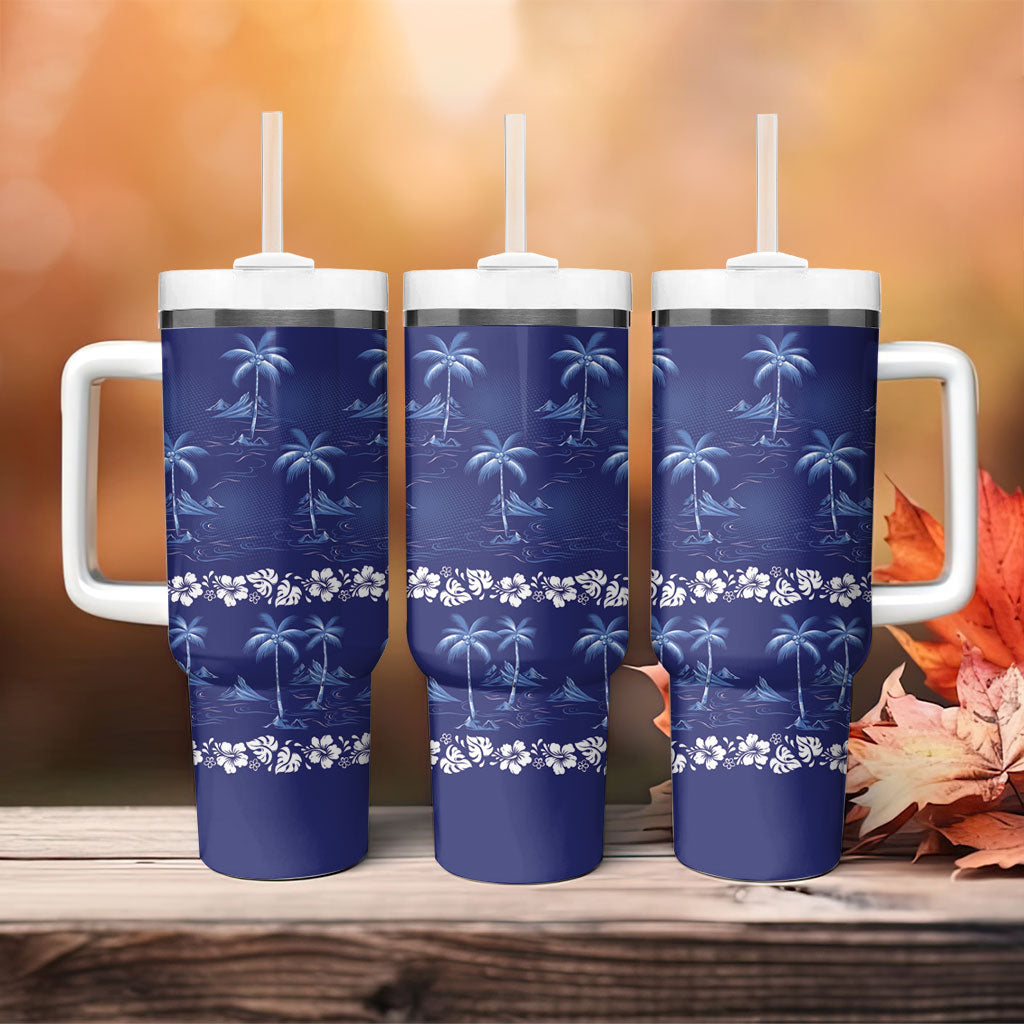 Blue Hawaii Palm Tree Hibiscus Tumbler With Handle Fantasy Summer Vibe