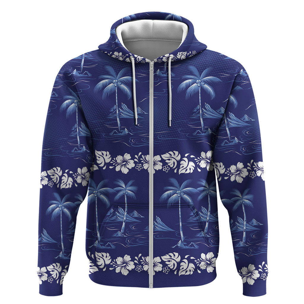 Blue Hawaii Palm Tree Hibiscus Zip Hoodie Fantasy Summer Vibe