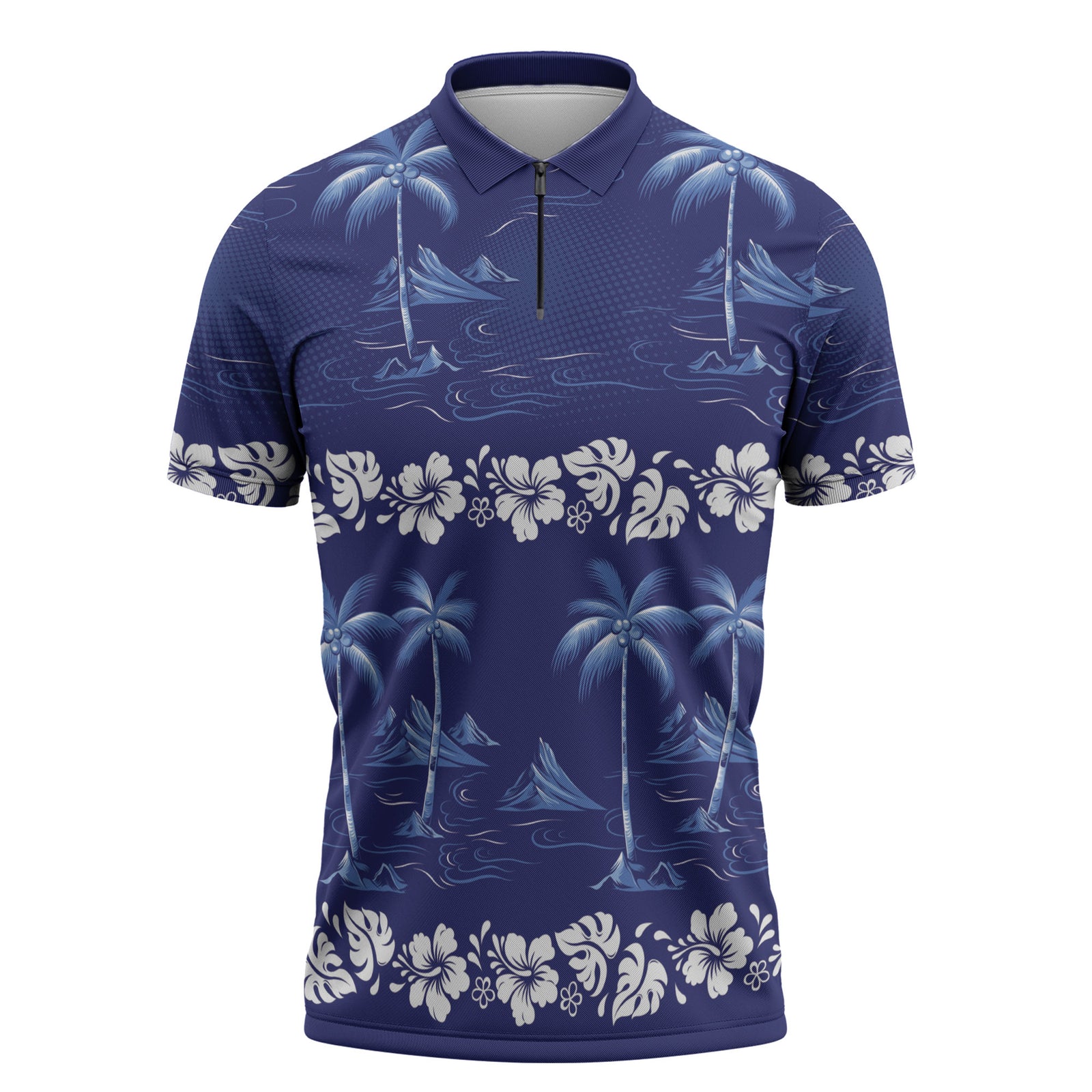 Blue Hawaii Palm Tree Hibiscus Zipper Polo Shirt Fantasy Summer Vibe