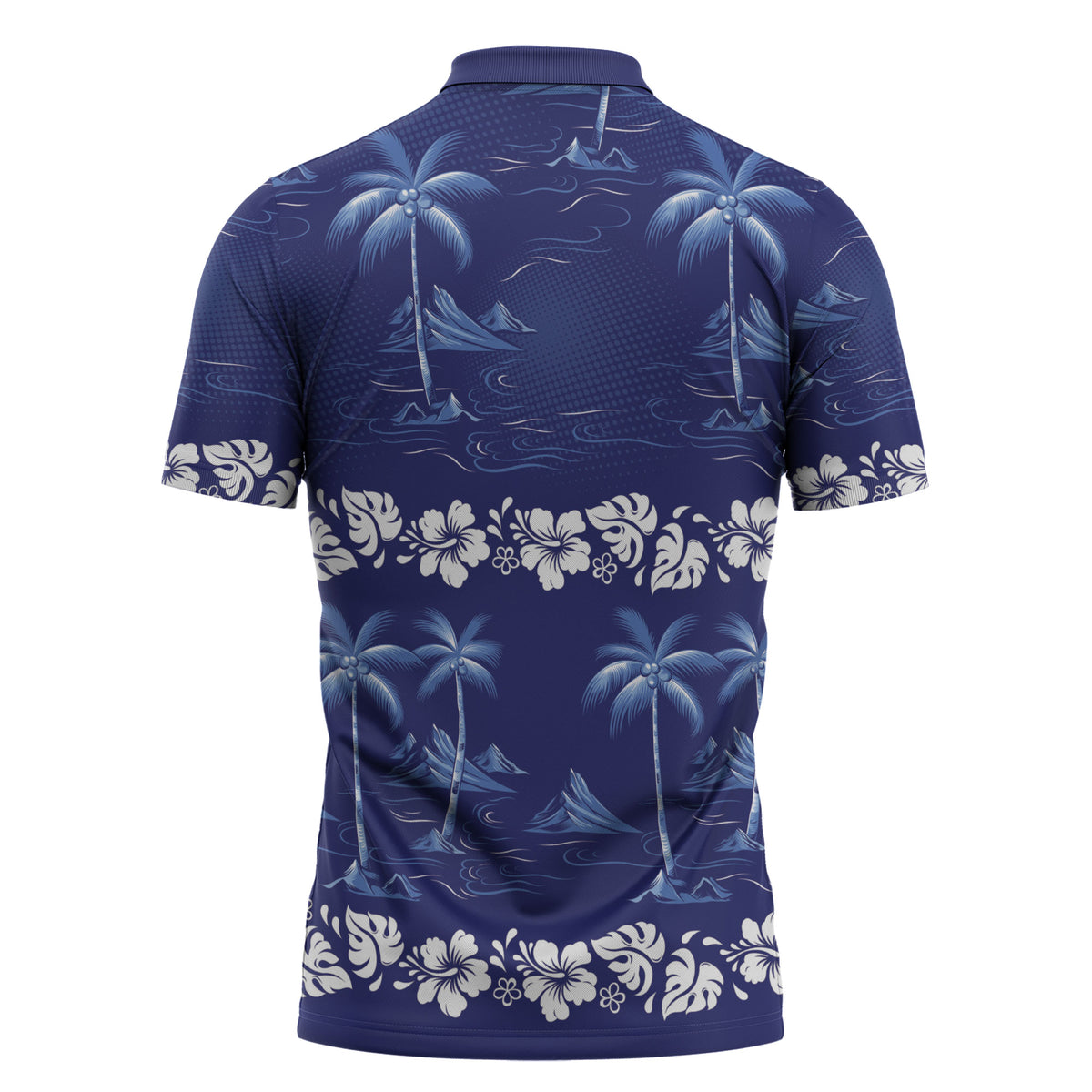 Blue Hawaii Palm Tree Hibiscus Zipper Polo Shirt Fantasy Summer Vibe