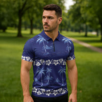 Blue Hawaii Palm Tree Hibiscus Zipper Polo Shirt Fantasy Summer Vibe