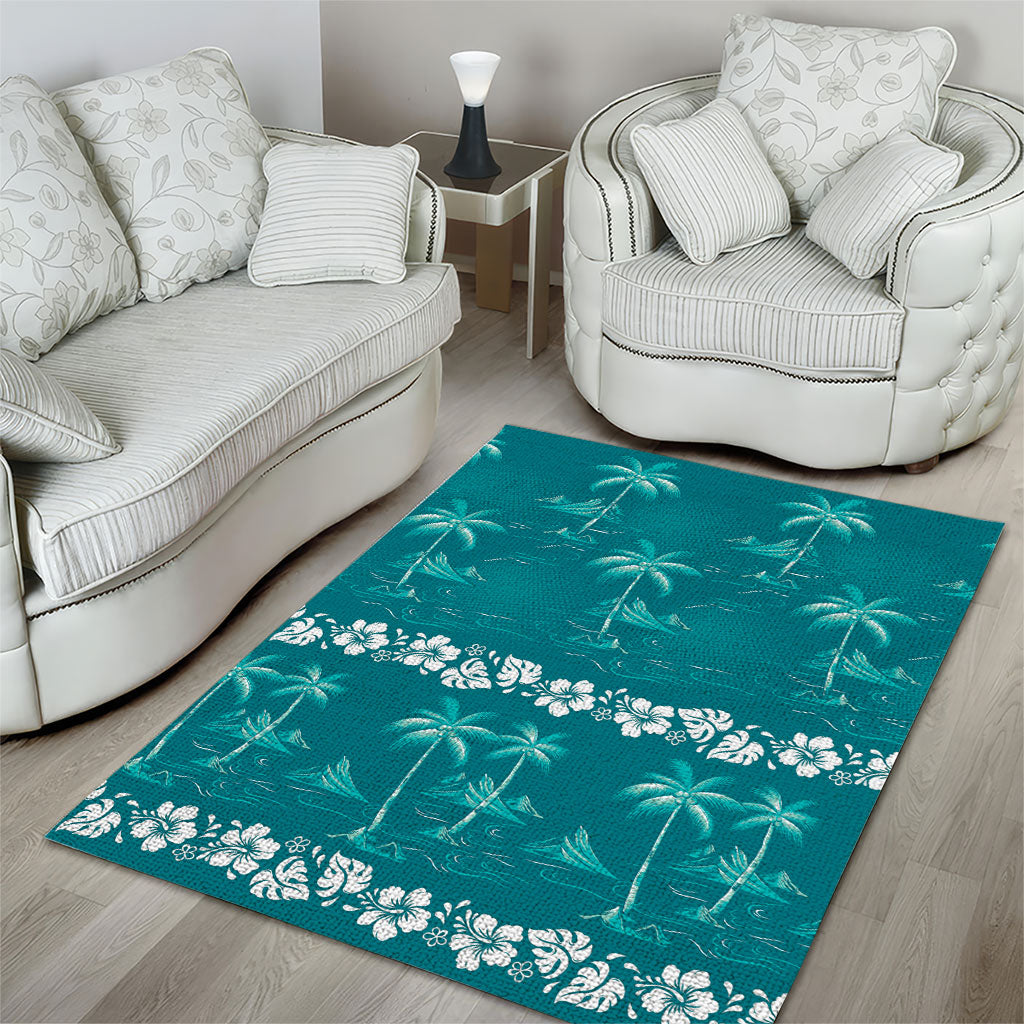 Cyan Hawaii Palm Tree Hibiscus Area Rug Fantasy Summer Vibe