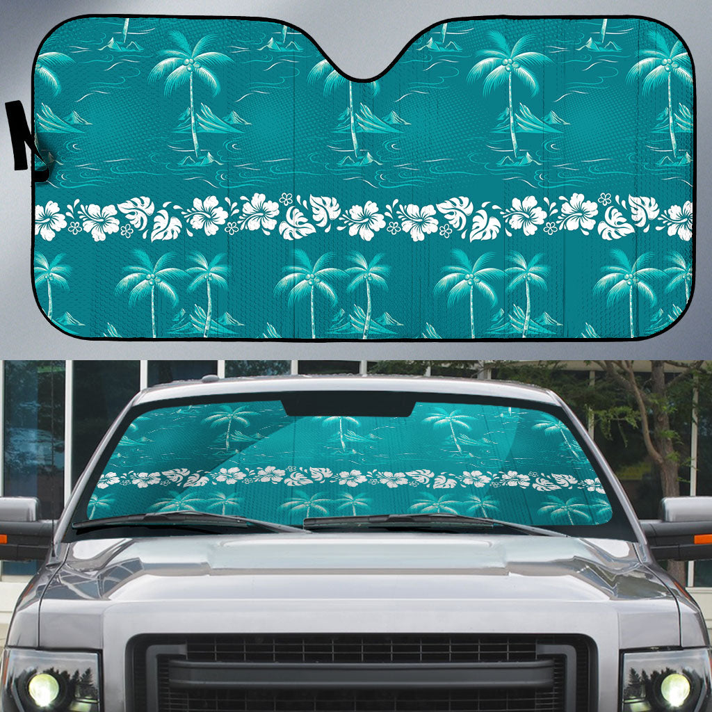 Cyan Hawaii Palm Tree Hibiscus Auto Sun Shade Fantasy Summer Vibe