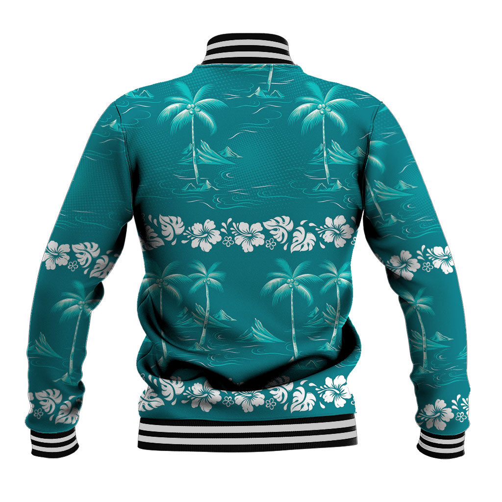 Cyan Hawaii Palm Tree Hibiscus Baseball Jacket Fantasy Summer Vibe