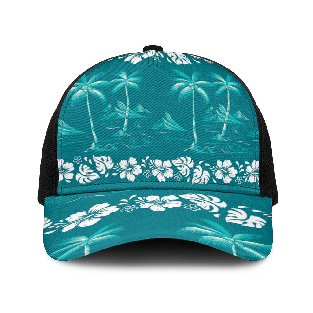 Cyan Hawaii Palm Tree Hibiscus Baseball Net Cap Fantasy Summer Vibe