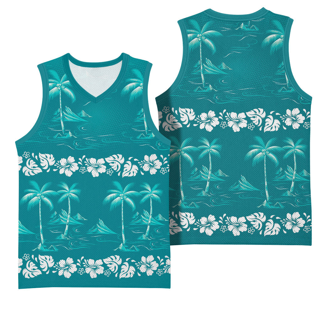 Cyan Hawaii Palm Tree Hibiscus Basketball Jersey Fantasy Summer Vibe