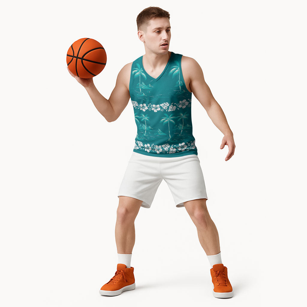 Cyan Hawaii Palm Tree Hibiscus Basketball Jersey Fantasy Summer Vibe