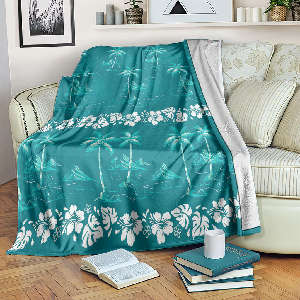 Cyan Hawaii Palm Tree Hibiscus Blanket Fantasy Summer Vibe