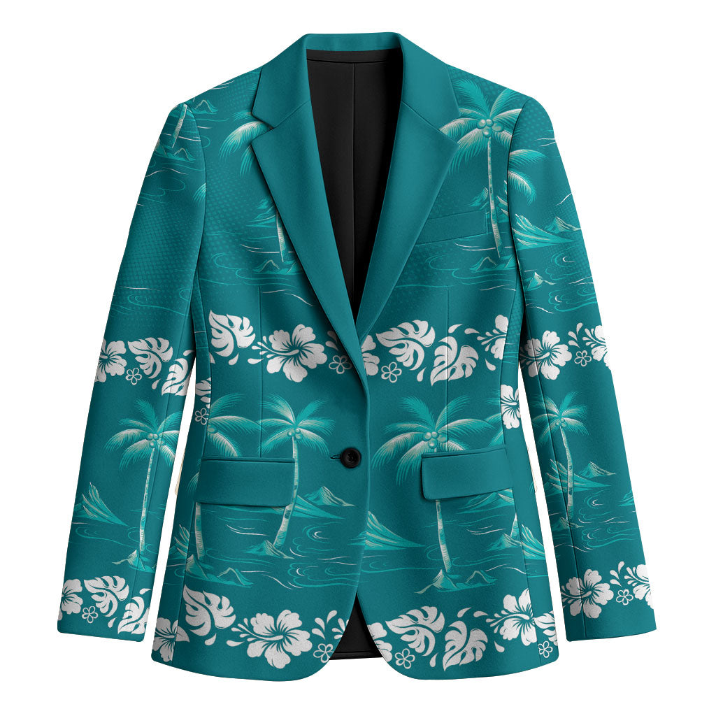 Cyan Hawaii Palm Tree Hibiscus Blazer Fantasy Summer Vibe