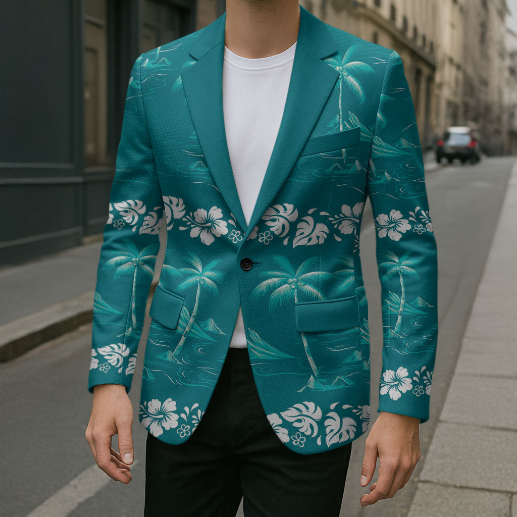 Cyan Hawaii Palm Tree Hibiscus Blazer Fantasy Summer Vibe