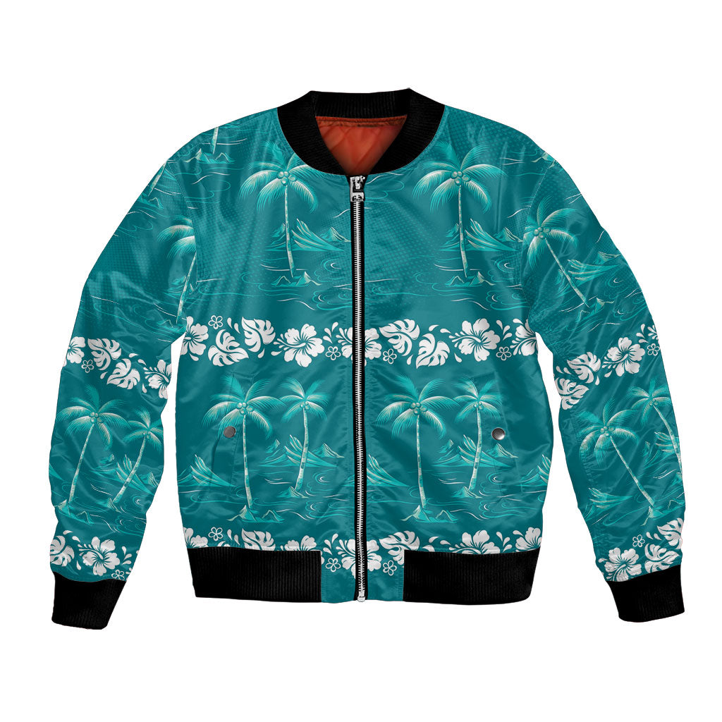Cyan Hawaii Palm Tree Hibiscus Bomber Jacket Fantasy Summer Vibe