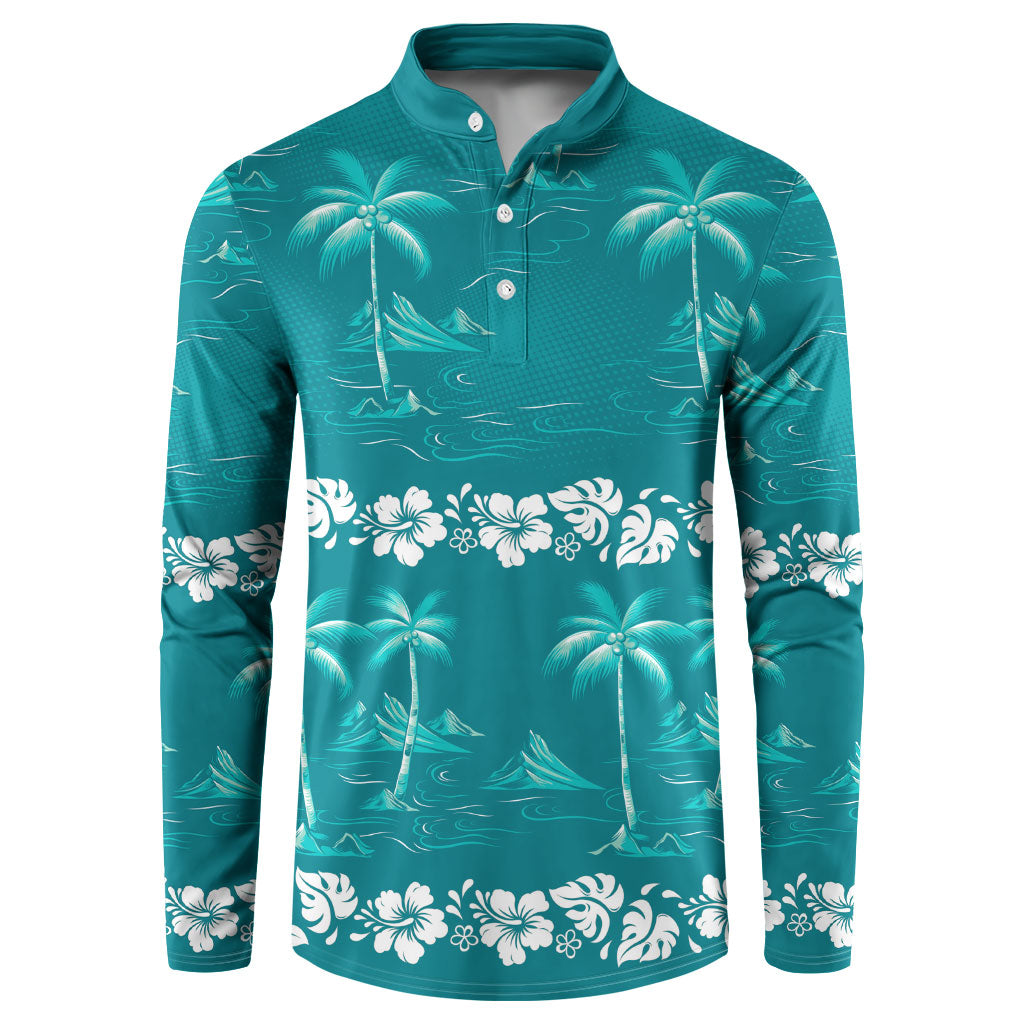 Cyan Hawaii Palm Tree Hibiscus Button Sweatshirt Fantasy Summer Vibe