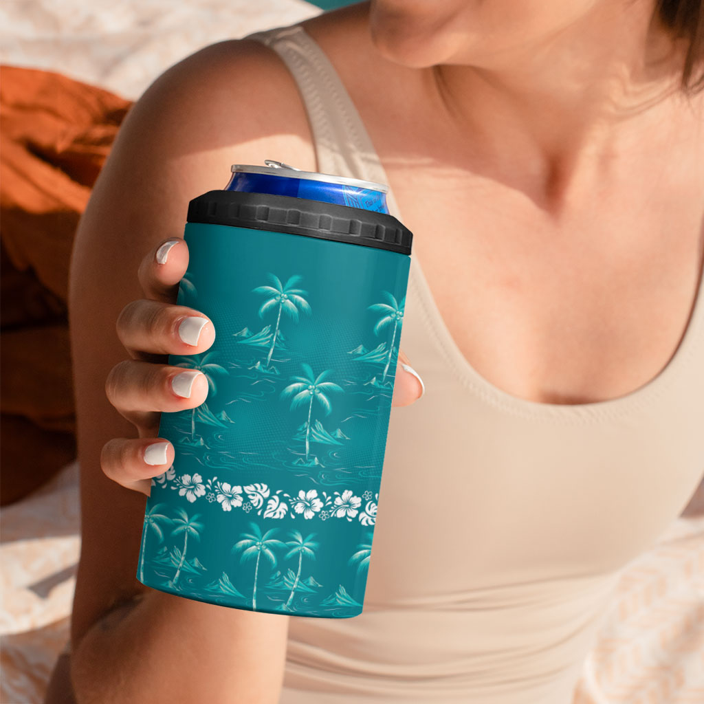 Cyan Hawaii Palm Tree Hibiscus 4 in 1 Can Cooler Tumbler Fantasy Summer Vibe
