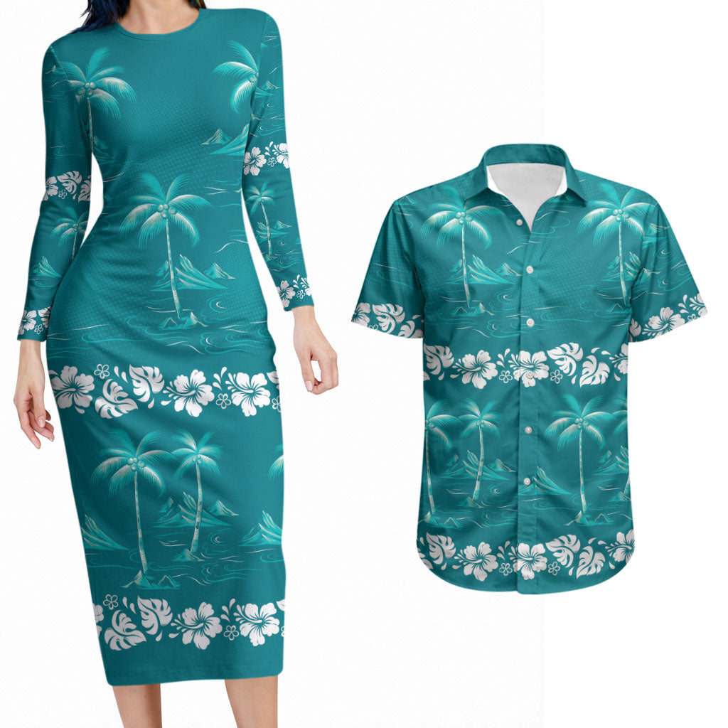 Cyan Hawaii Palm Tree Hibiscus Couples Matching Long Sleeve Bodycon Dress and Hawaiian Shirt Fantasy Summer Vibe