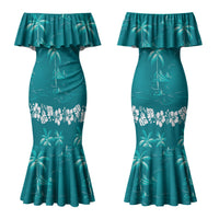 Cyan Hawaii Palm Tree Hibiscus Couples Matching Mermaid Dress and Hawaiian Shirt Fantasy Summer Vibe LT01 - Polynesian Pride