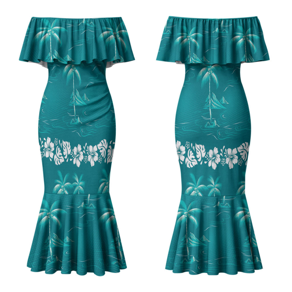 Cyan Hawaii Palm Tree Hibiscus Couples Matching Mermaid Dress and Long Sleeve Button Shirt Fantasy Summer Vibe LT01 - Polynesian Pride