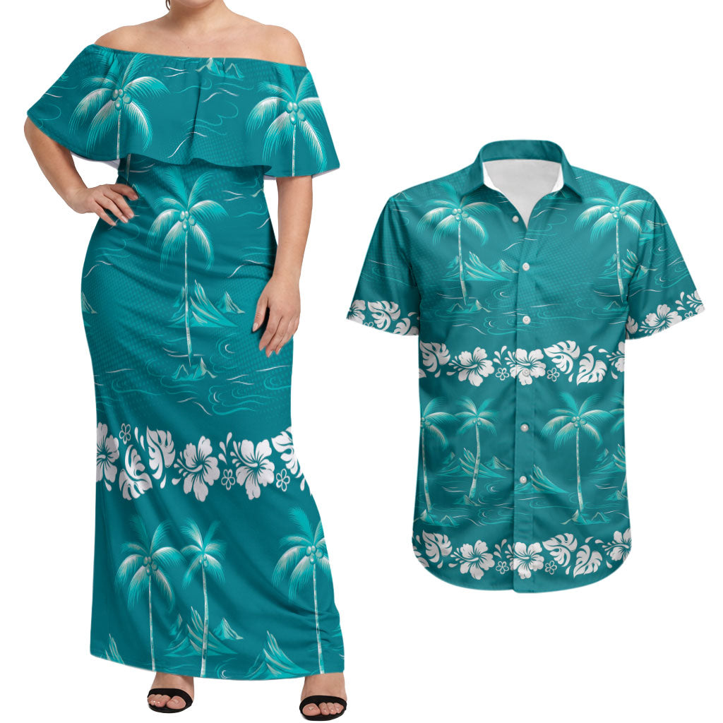 Cyan Hawaii Palm Tree Hibiscus Couples Matching Off Shoulder Maxi Dress and Hawaiian Shirt Fantasy Summer Vibe LT01 Cyan - Polynesian Pride