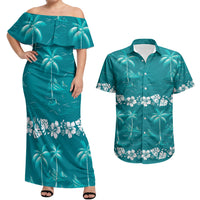 Cyan Hawaii Palm Tree Hibiscus Couples Matching Off Shoulder Maxi Dress and Hawaiian Shirt Fantasy Summer Vibe LT01 Cyan - Polynesian Pride